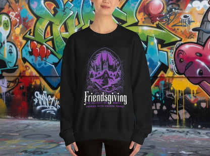 Person wearing a black sweatshirt with purple graphic and text on a graffiti background