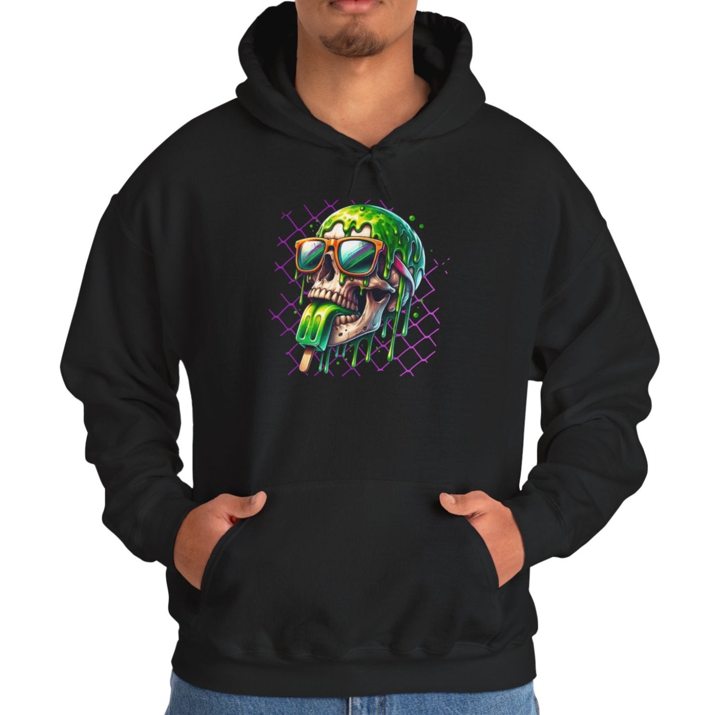 Melted Neon Skull, Hooded Sweatshirt