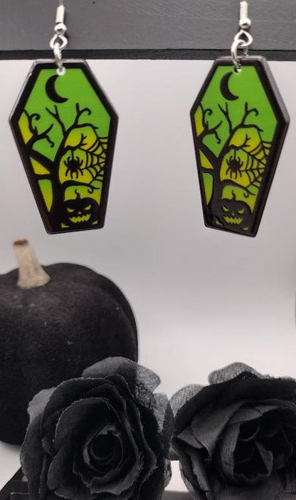 Spiderweb Pumpkin Coffin Earrings