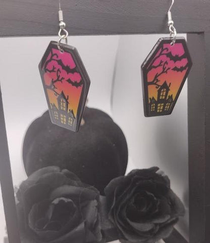 Bat Coffin Haunted House Earrings