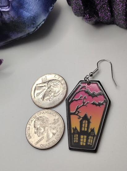 Bat Coffin Haunted House Earrings