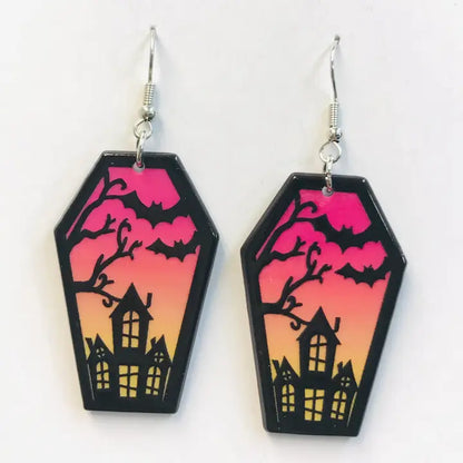 Bat Coffin Haunted House Earrings